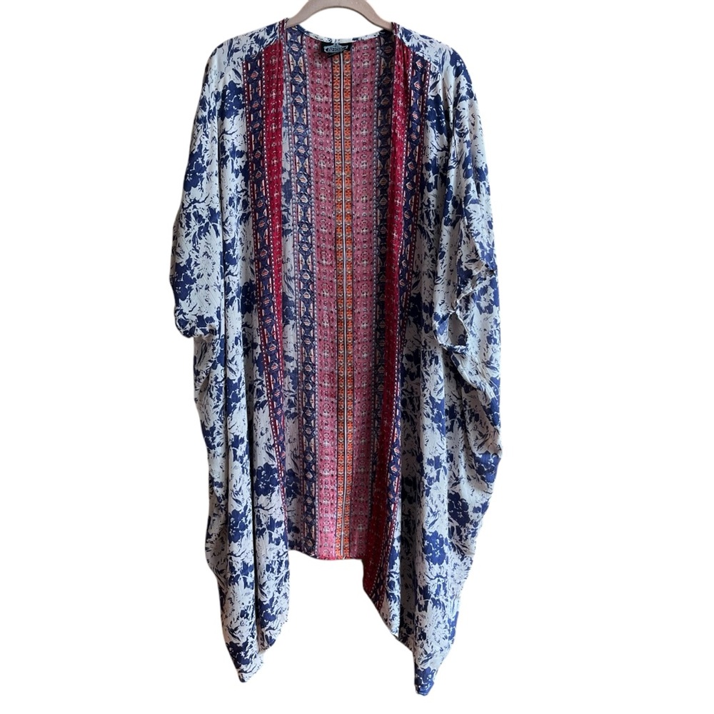 Angie Open Front Kimono Wrap Longline Printed Boho Beach Coverup Multicolor